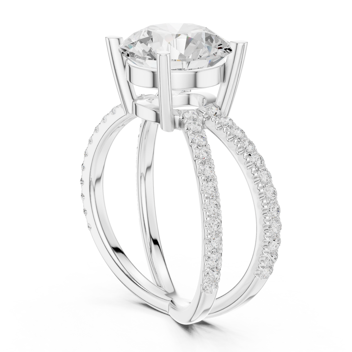Round crossover pave engagement ring white gold front view