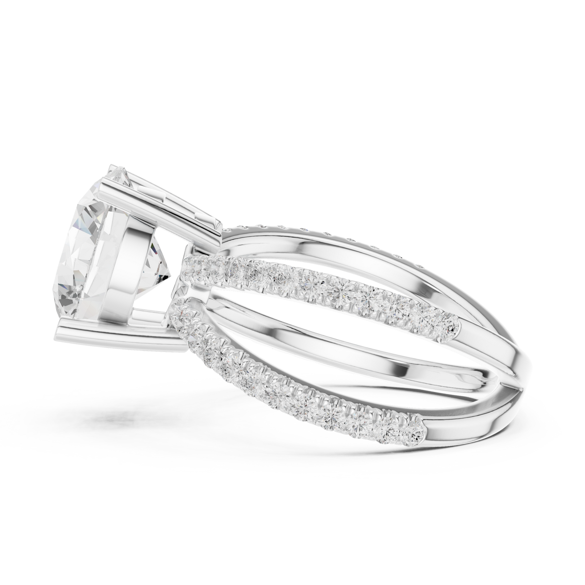 Round crossover pave engagement ring white gold side view