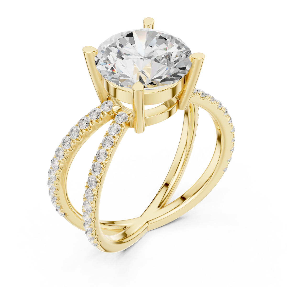 Round crossover pave engagement ring yellow gold angle view