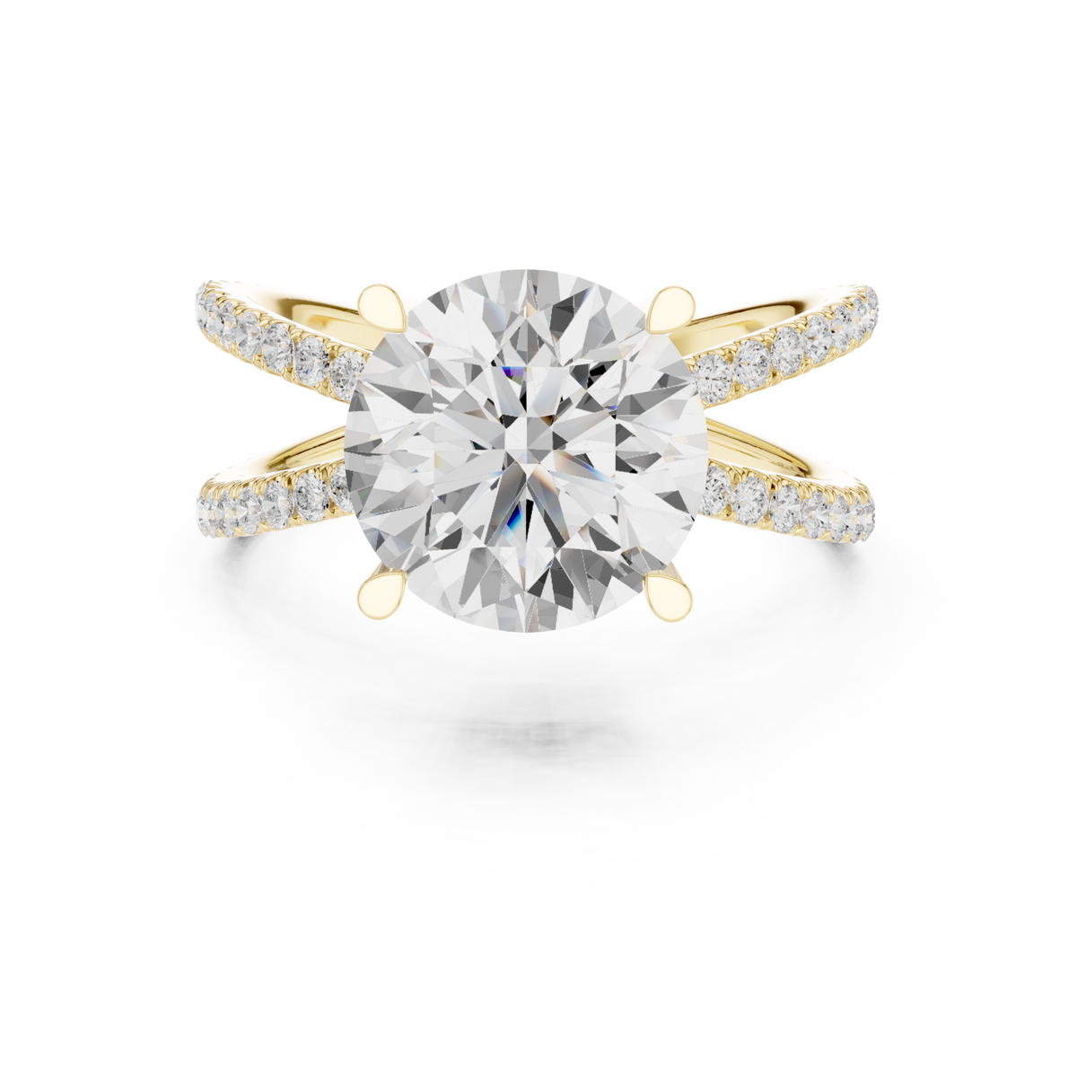 Round crossover pave engagement ring yellow gold detail view