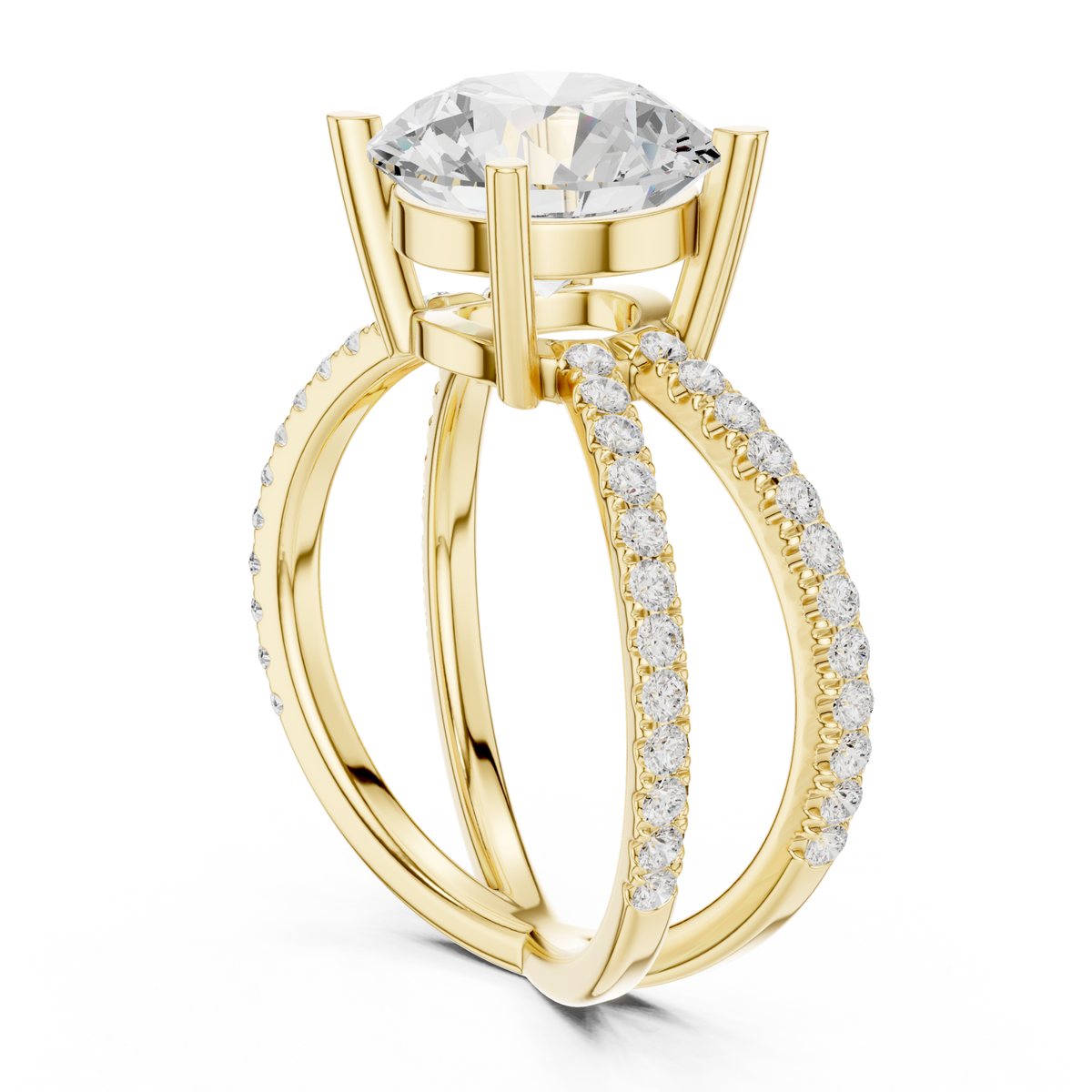 Round crossover pave engagement ring yellow gold front view