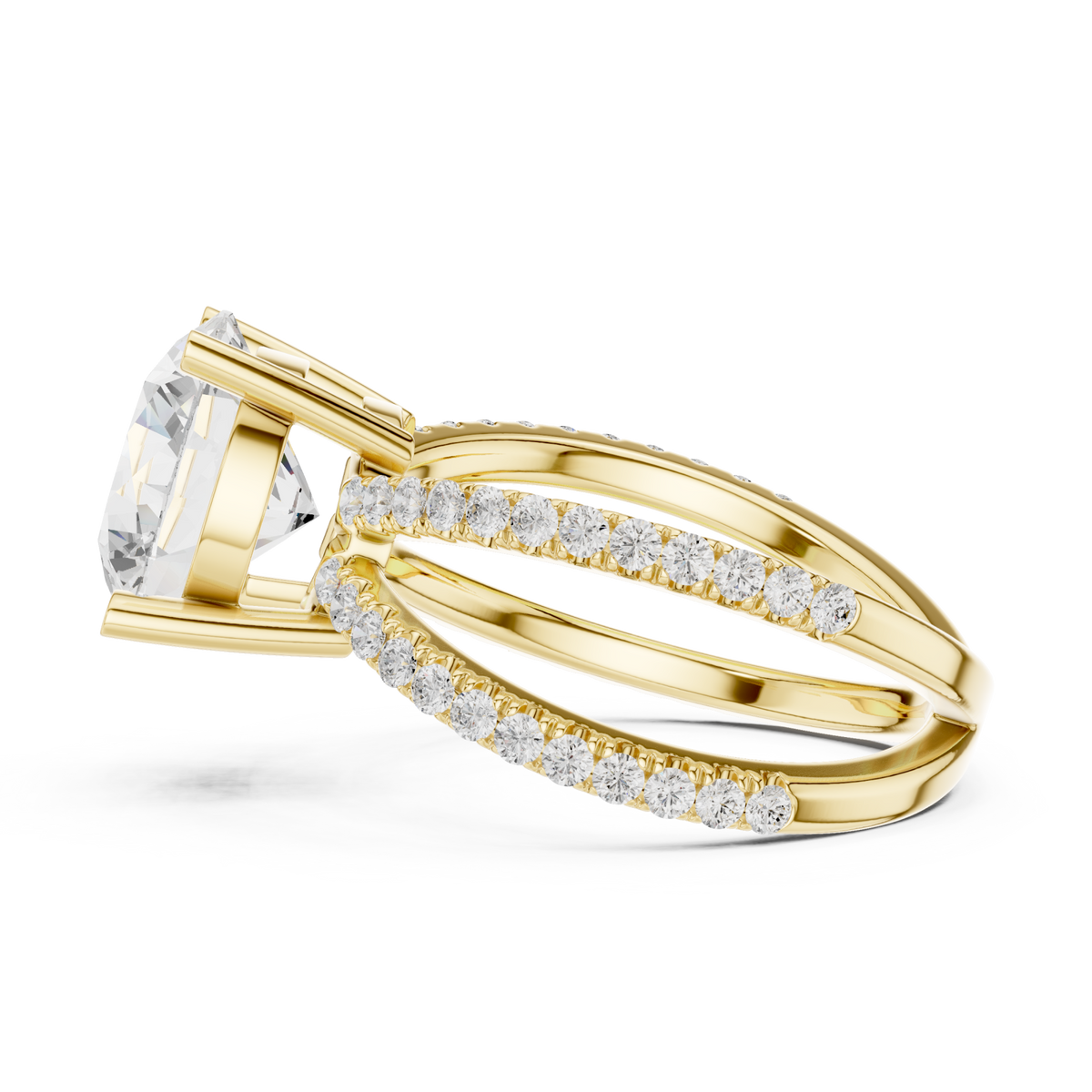 Round crossover pave engagement ring yellow gold side view