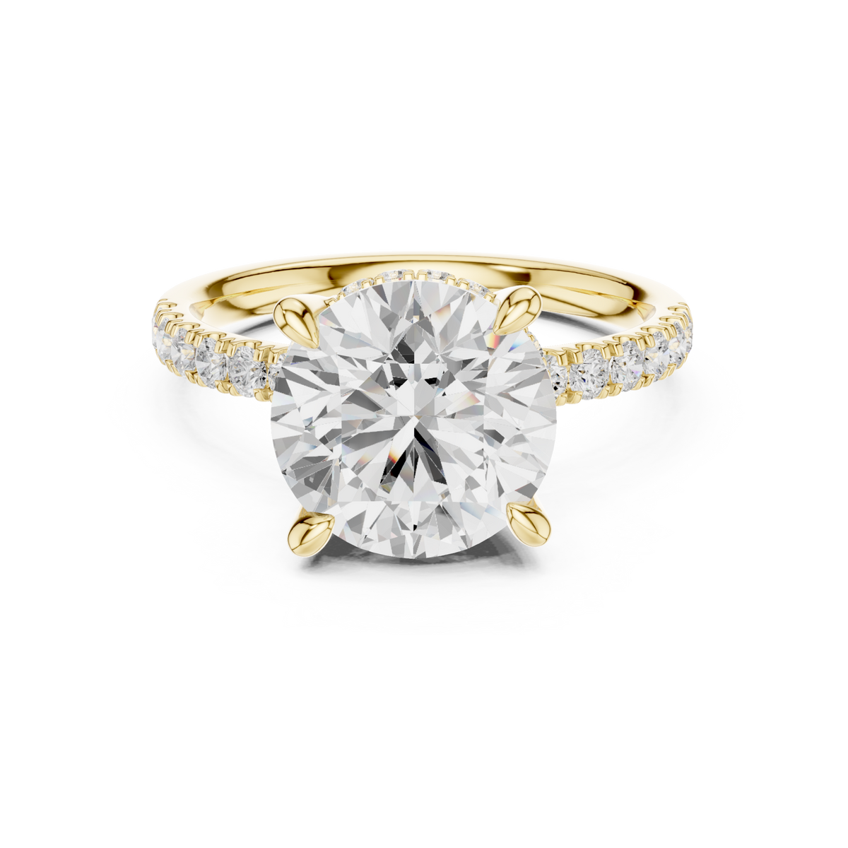 Round crown hidden halo pave engagement ring yellow gold detail view