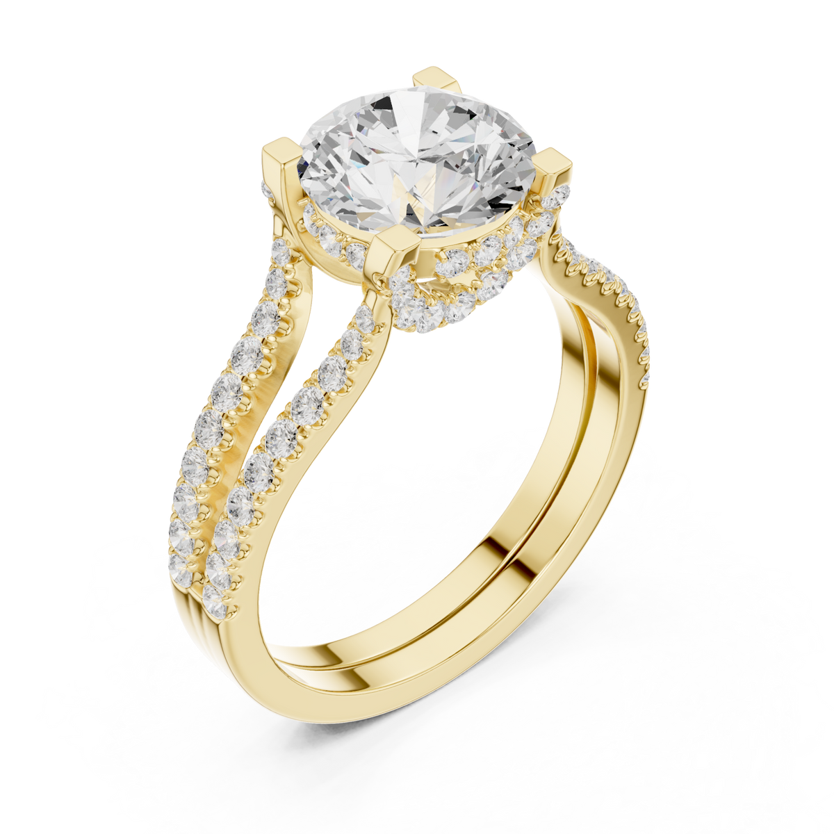 Round curved split shank pave engagement ring yellow gold angle view