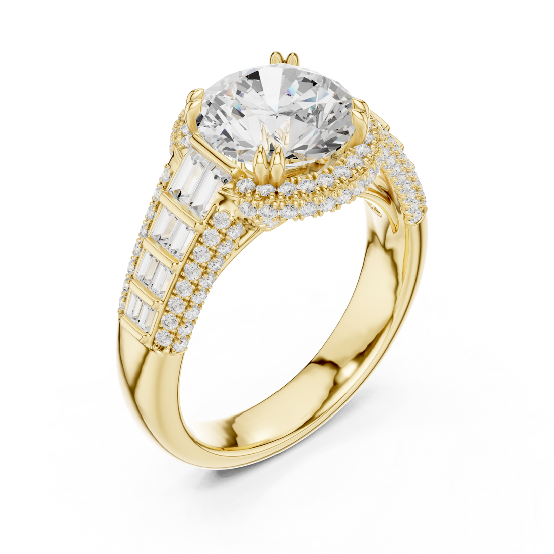 Round deco baguette halo engagement ring yellow gold front view