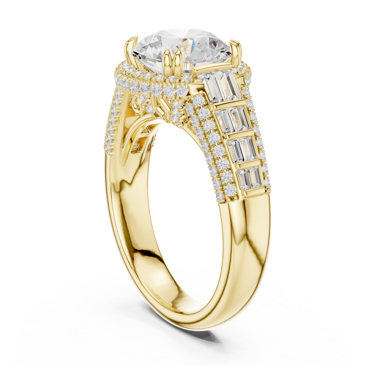 Round deco baguette halo engagement ring yellow gold front view