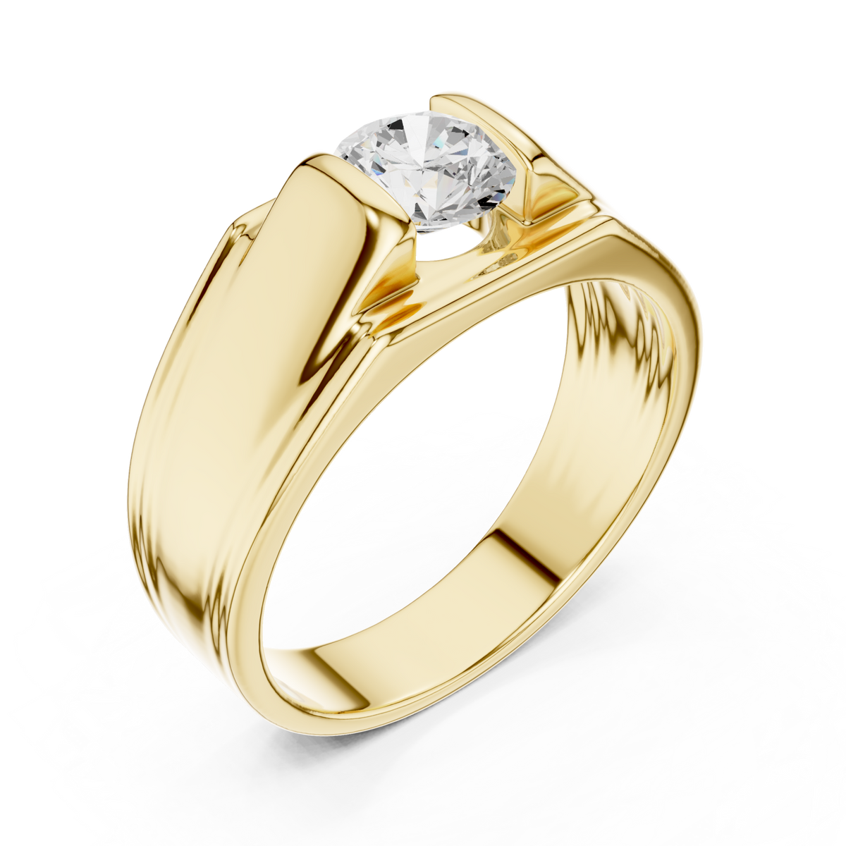 Gold Round Diamond Bar-Set Solitaire Band for Him Front View