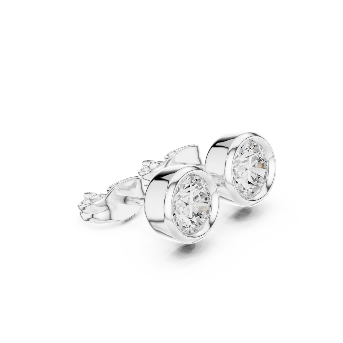  White Gold Round Diamond Bezel Stud Earrings Front View