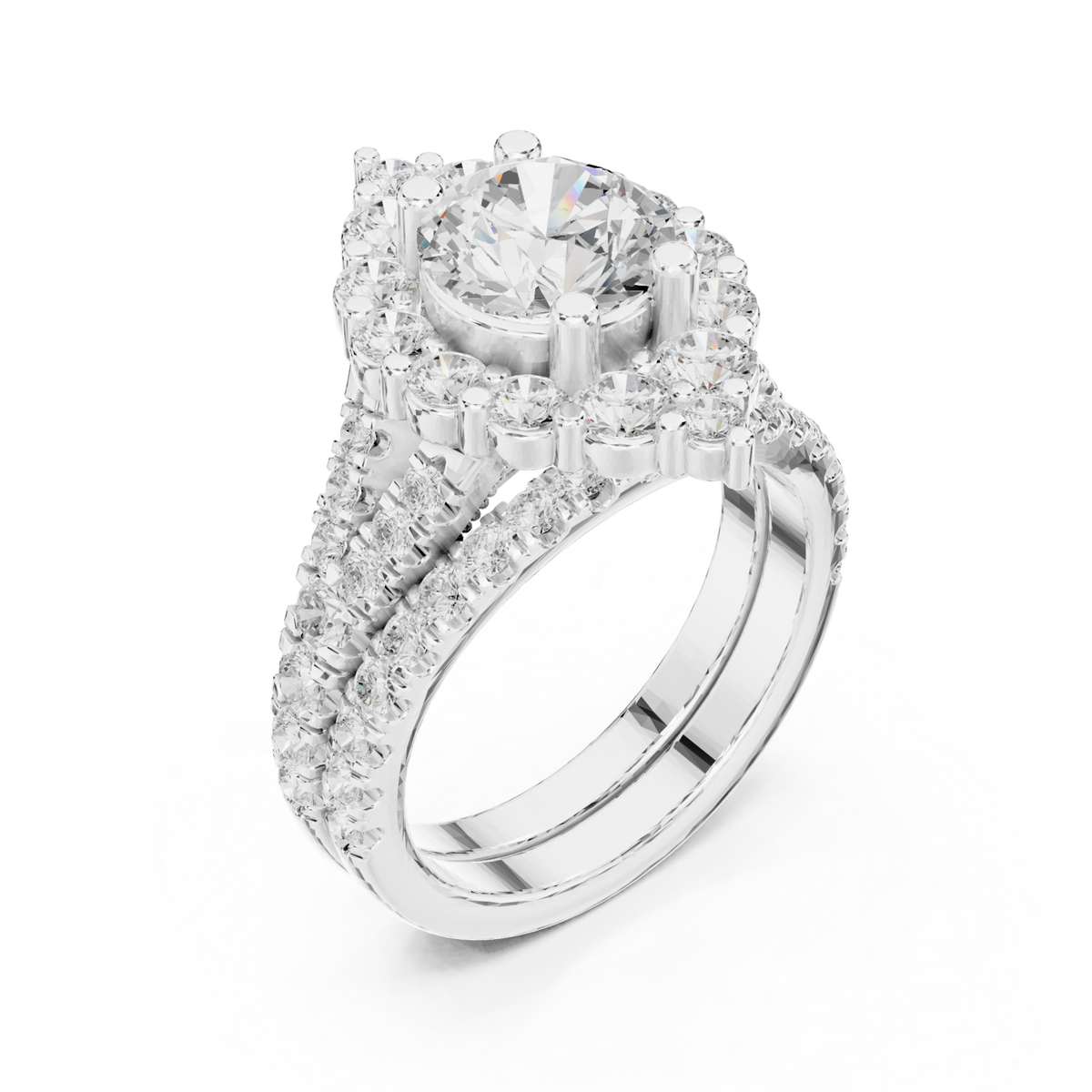Round diamond cluster halo ring white gold front view