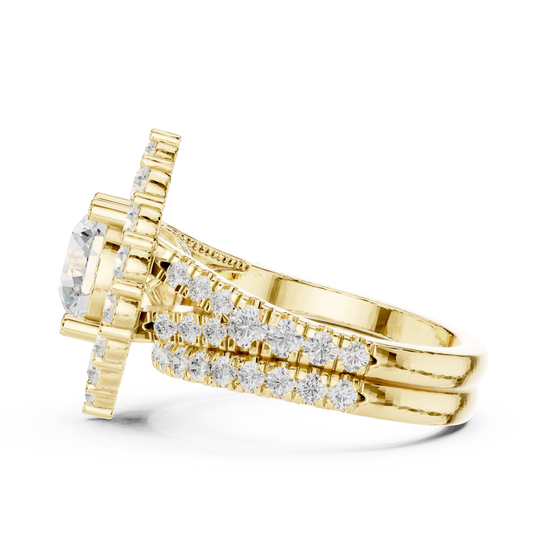 Round diamond cluster halo ring yellow gold front view