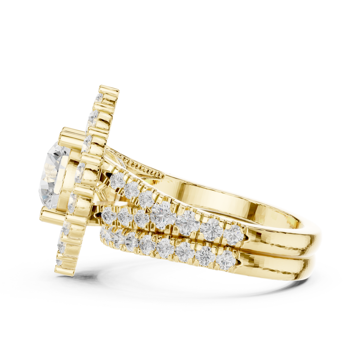 Round diamond cluster halo ring yellow gold angle view