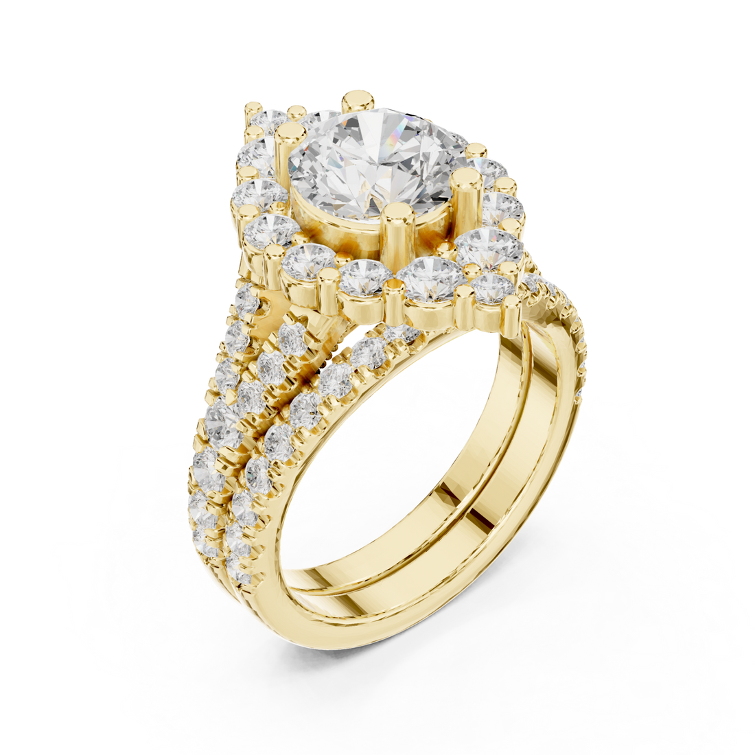 Round diamond cluster halo ring yellow gold front view