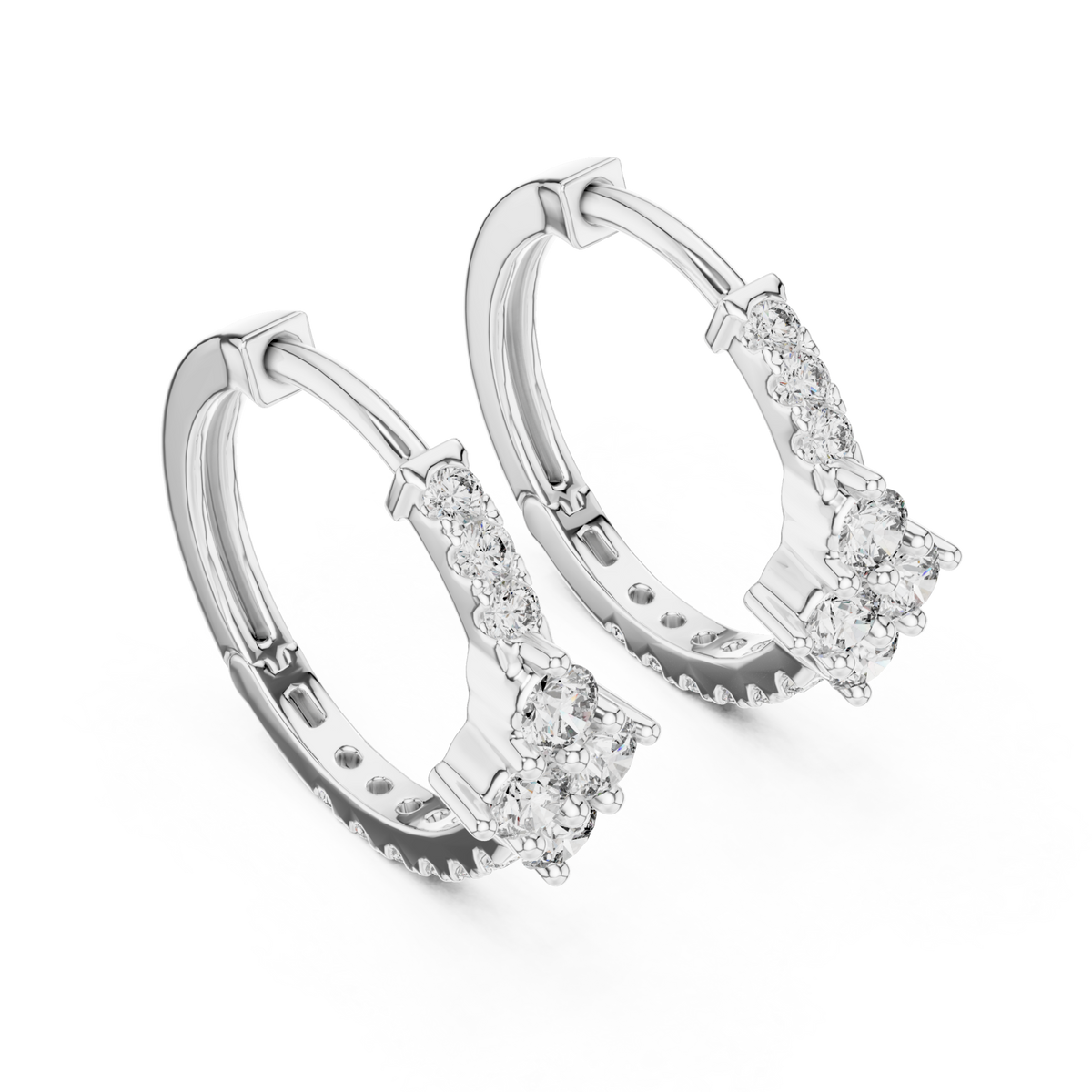  White Gold Round Diamond Cluster Hoop Earrings Front View