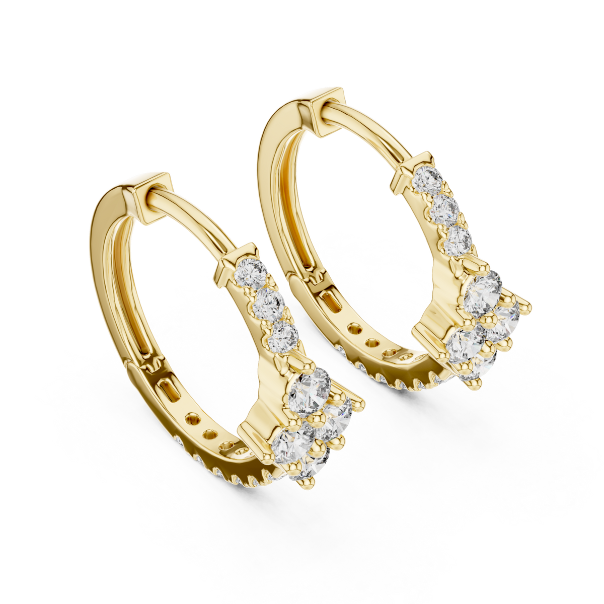 Gold Round Diamond Cluster Hoop Earrings Front View