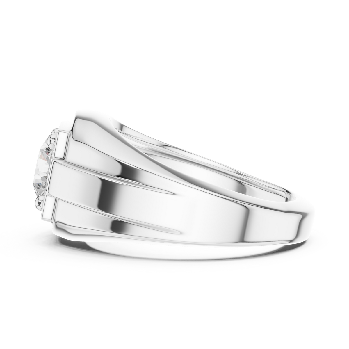  White Gold Round Diamond Corner-Prong Plateau Ring for Him Angle View