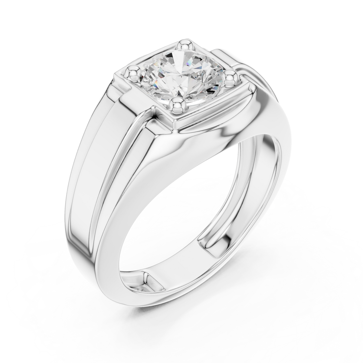  White Gold Round Diamond Corner-Prong Plateau Ring for Him Front View