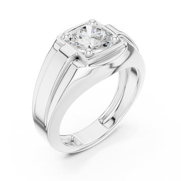  White Gold Round Diamond Corner-Prong Plateau Ring for Him Front View