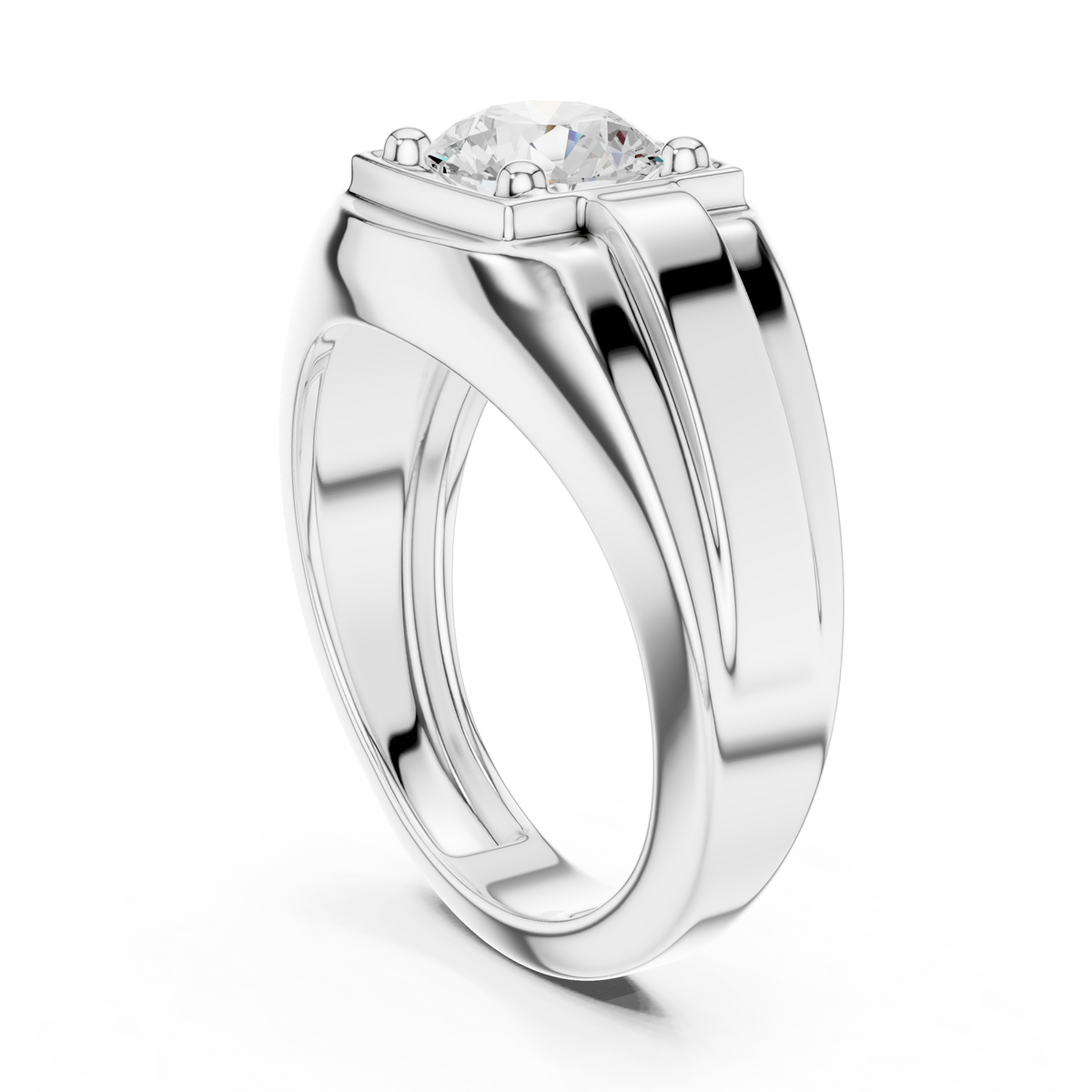  White Gold Round Diamond Corner-Prong Plateau Ring for Him Side View