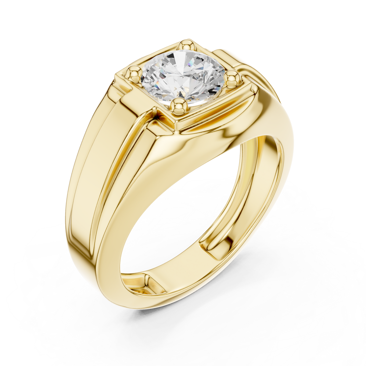 Gold Round Diamond Corner-Prong Plateau Ring for Him Front View