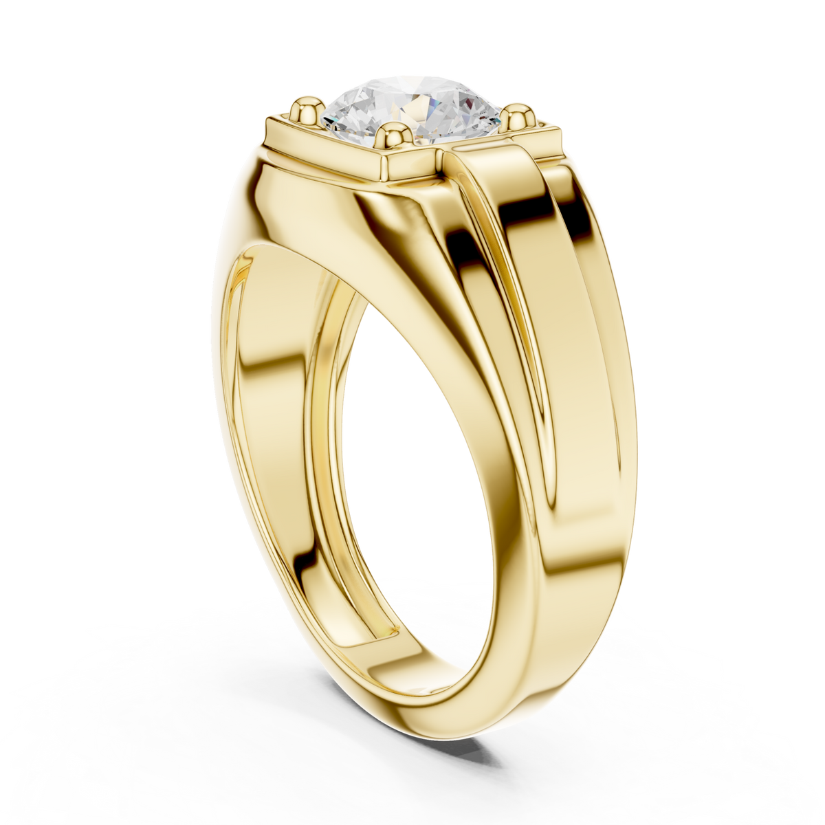  Gold Round Diamond Corner-Prong Plateau Ring for Him Side View