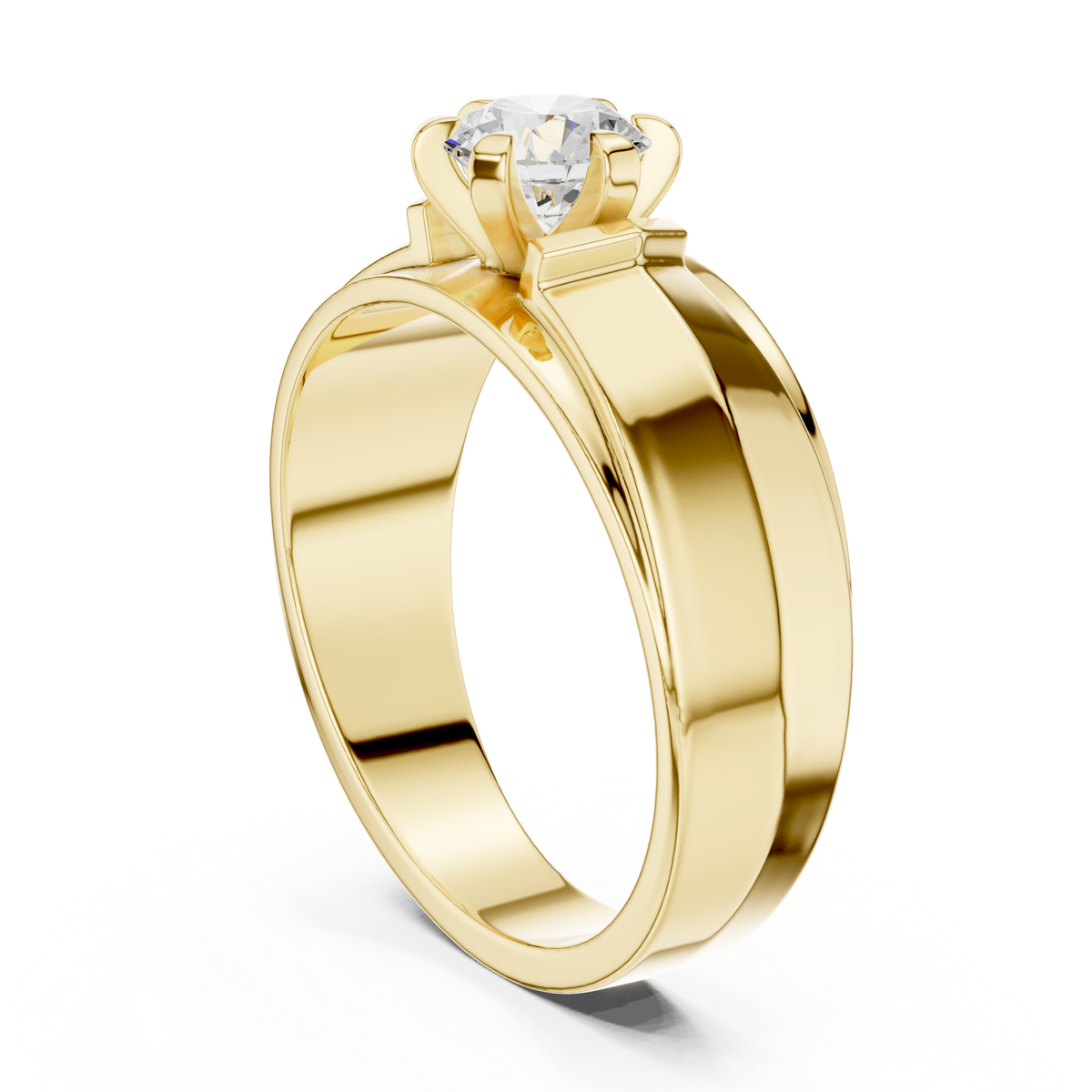  Gold Round Diamond Crown Solitaire Grooved Band for Him Side View