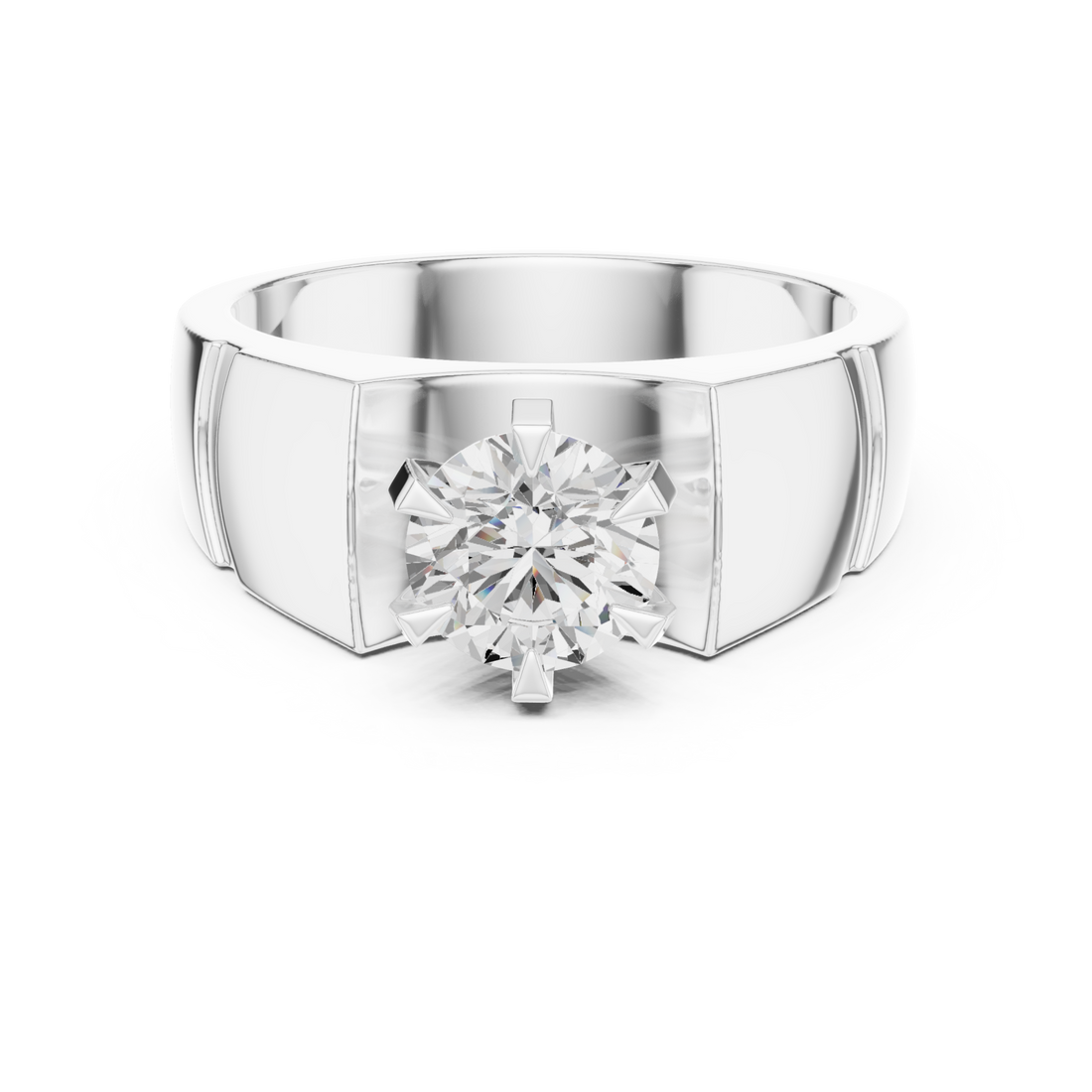  White Gold Round Diamond Notched-Shoulder Solitaire for Him Front View