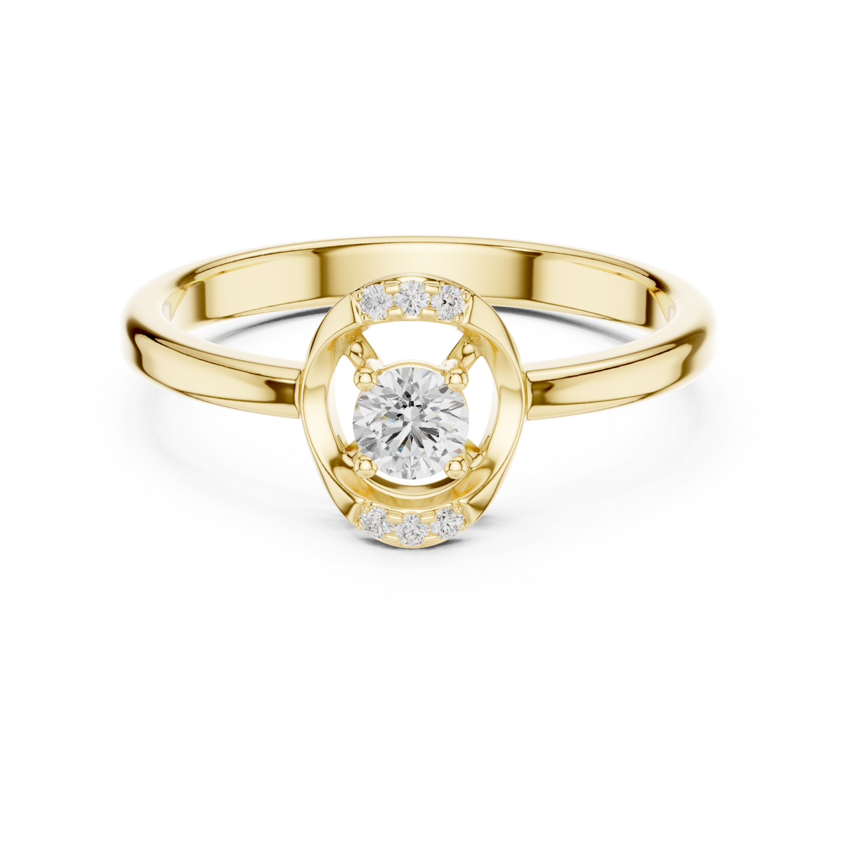 Round diamond open halo petite ring yellow gold detail view