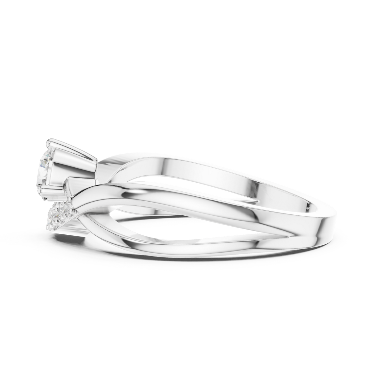 Round diamond pave sash crossover ring white gold angle view