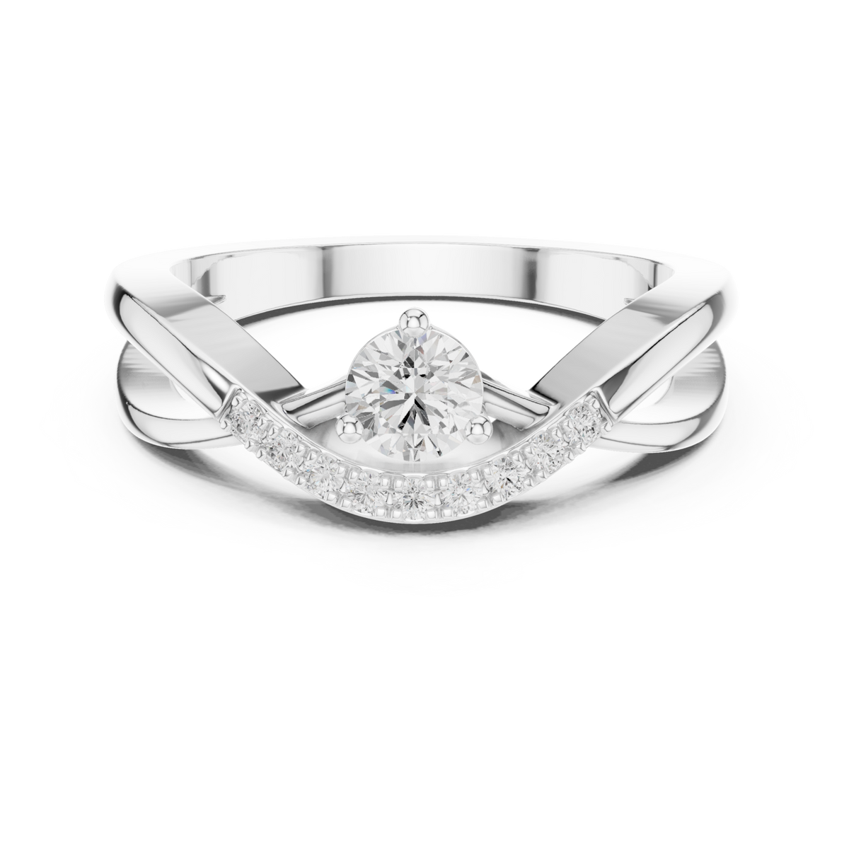 Round diamond pave sash crossover ring white gold detail view