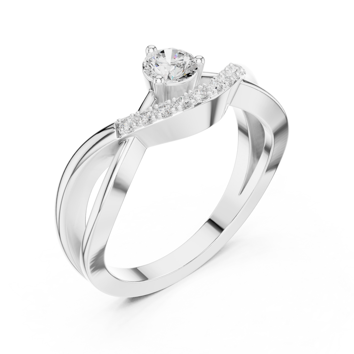 Round diamond pave sash crossover ring white gold front view