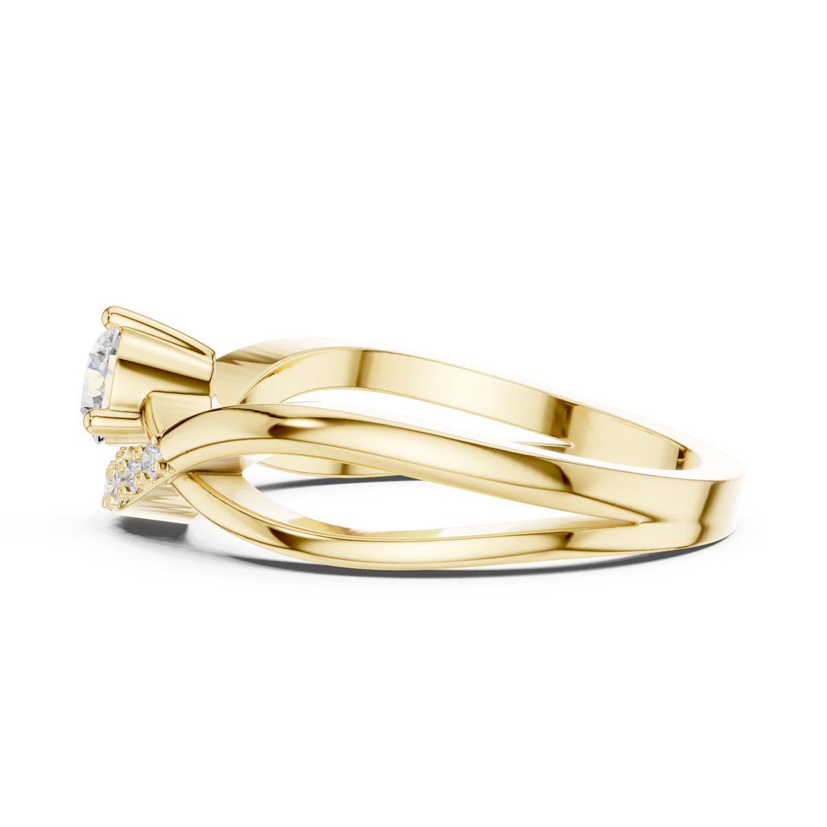 Round diamond pave sash crossover ring yellow gold angle view