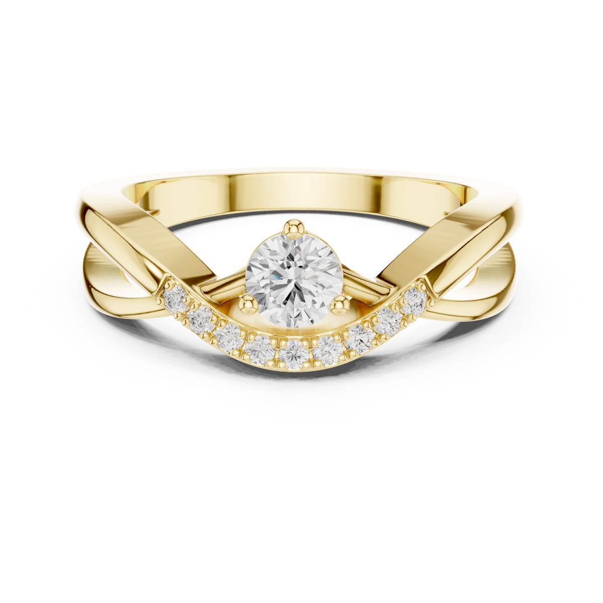 Round diamond pave sash crossover ring yellow gold detail view