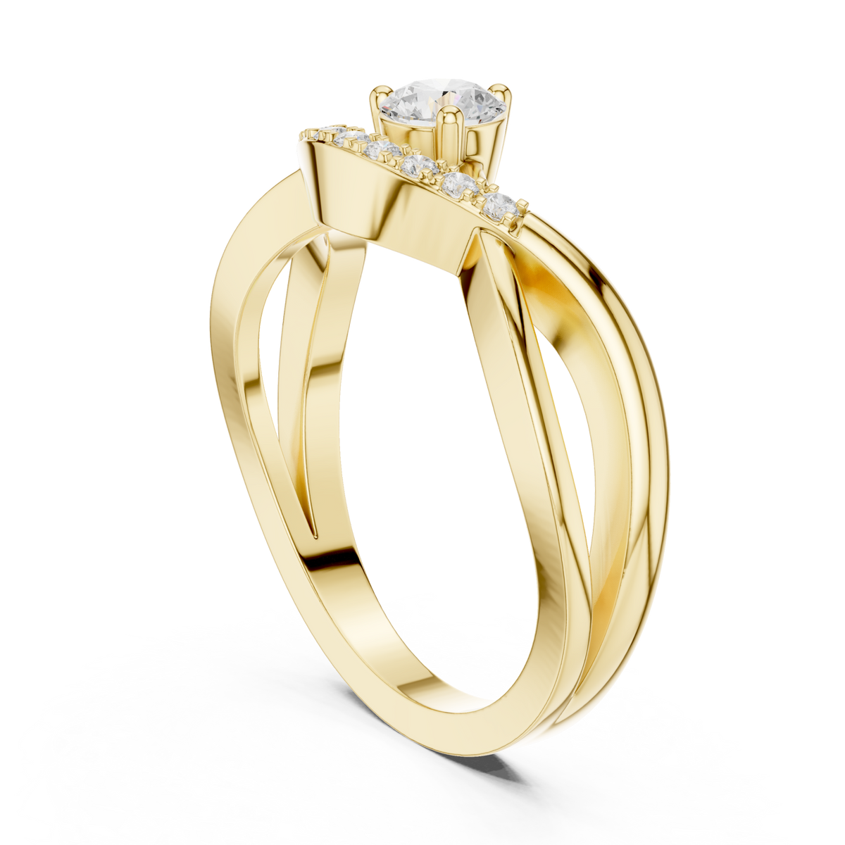 Round diamond pave sash crossover ring yellow gold side view