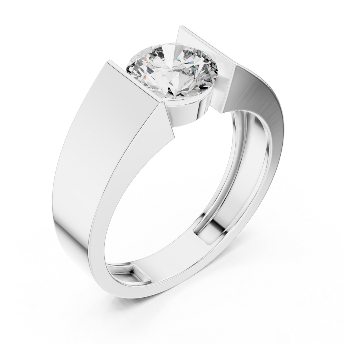  White Gold Round Diamond Tension Ring for Him Front View