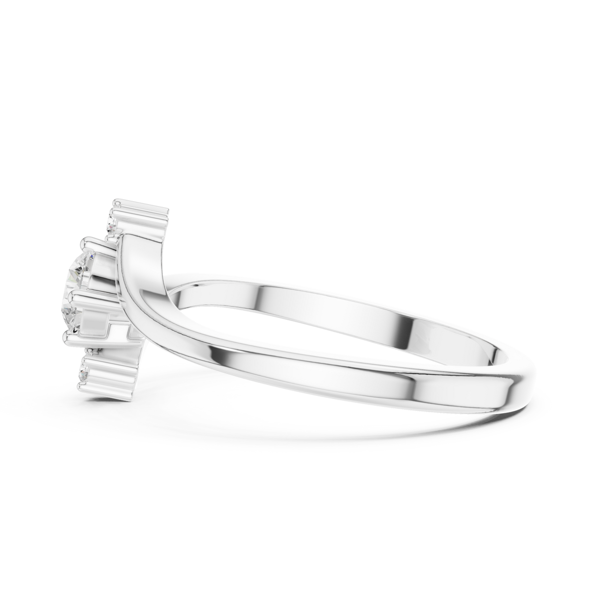 Round diamond three-stone bypass ring white gold angle view
