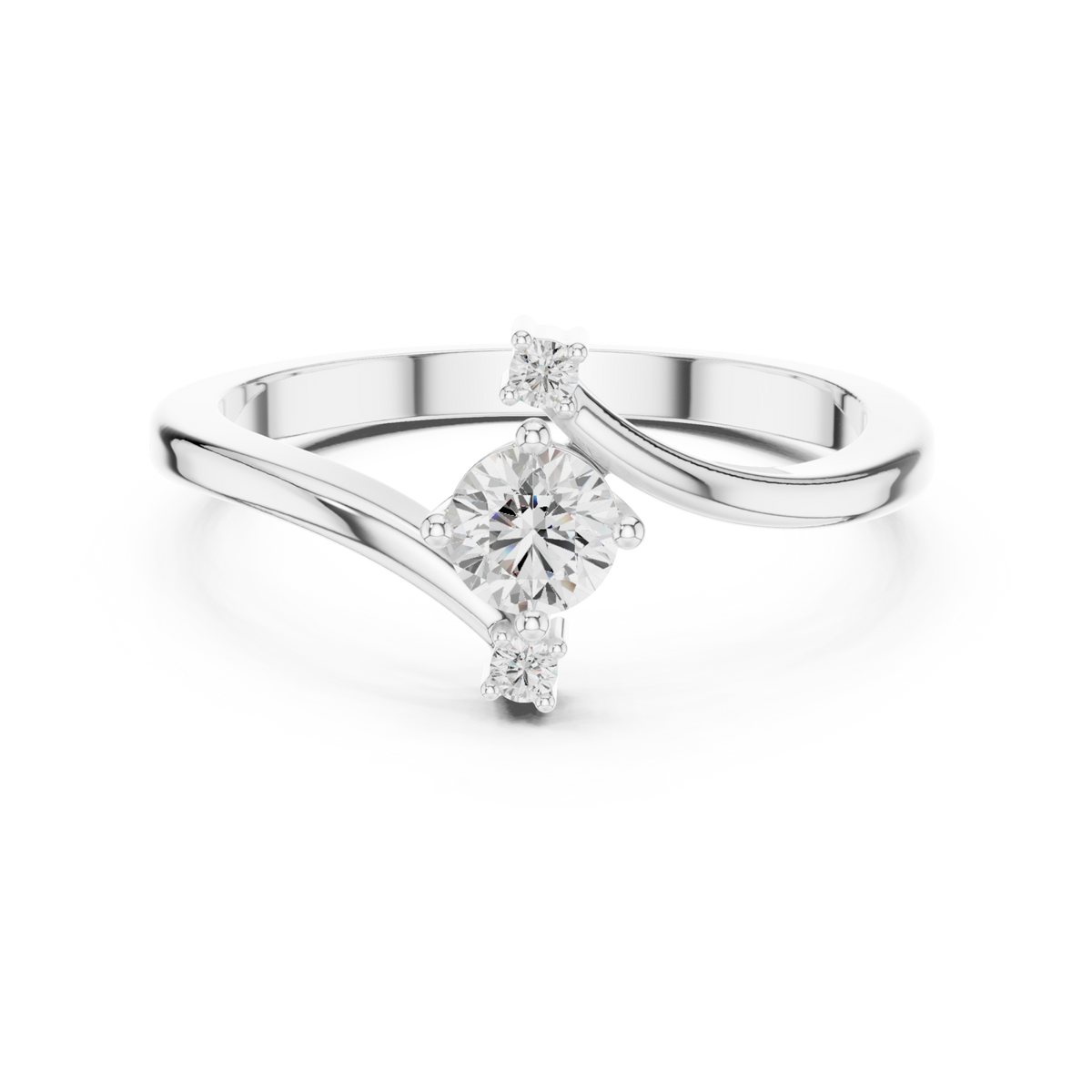 Round diamond three-stone bypass ring white gold detail view