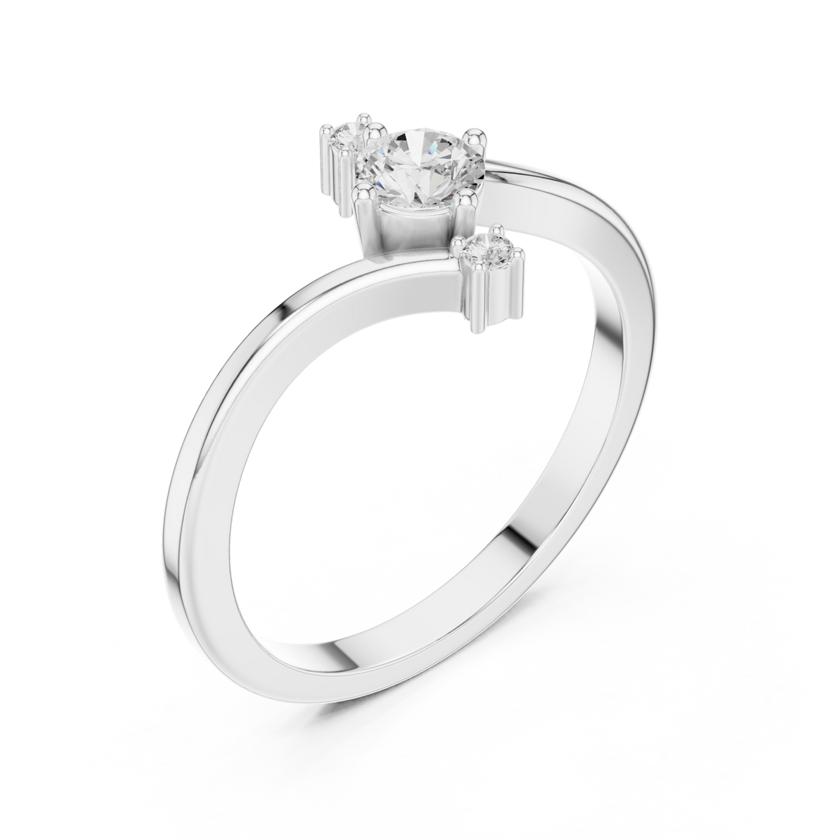 Round diamond three-stone bypass ring white gold front view