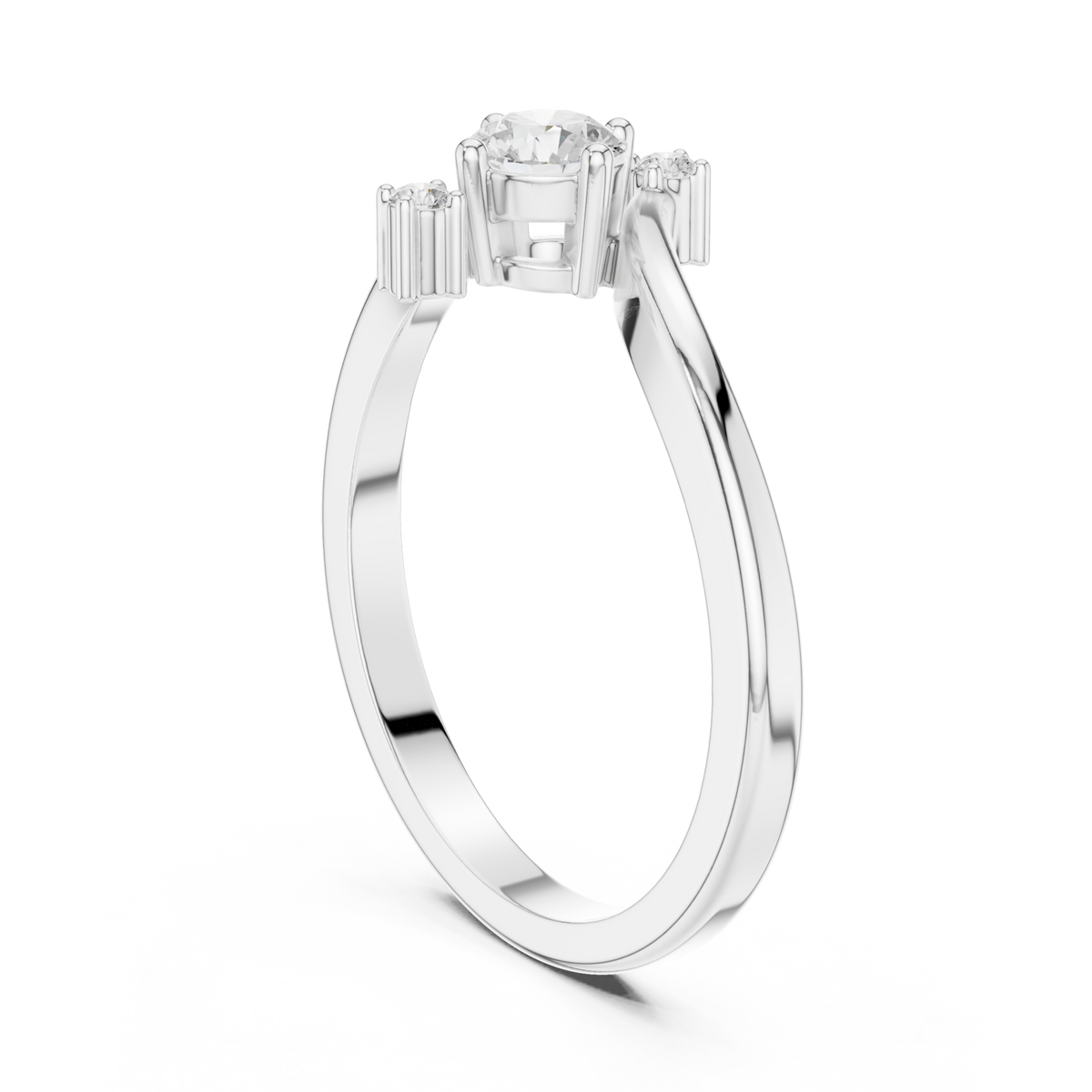 Round diamond three-stone bypass ring white gold side view