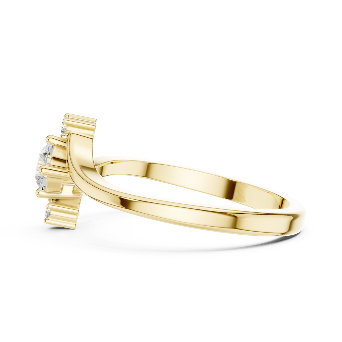Round diamond three-stone bypass ring yellow gold front view