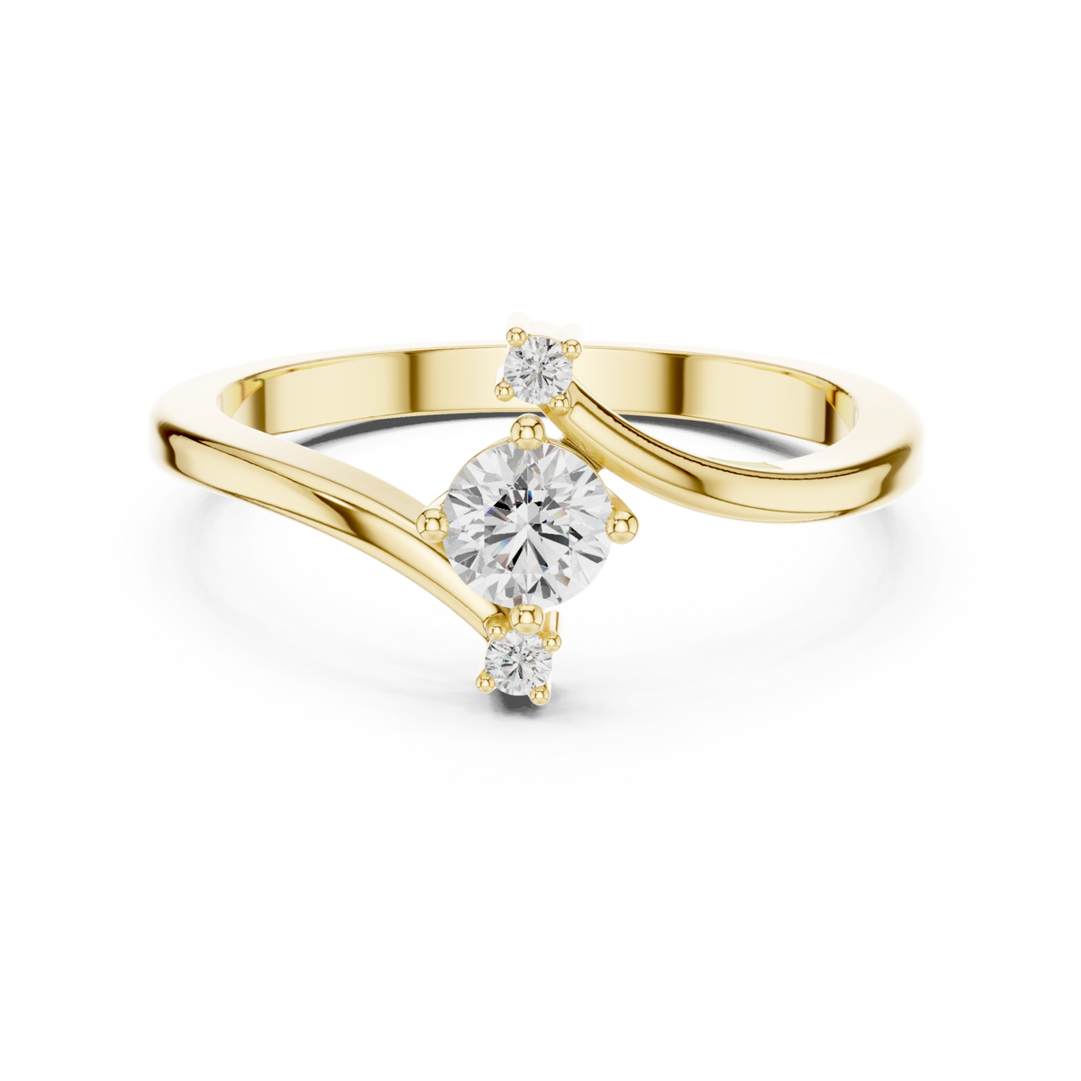 Round diamond three-stone bypass ring yellow gold detail view