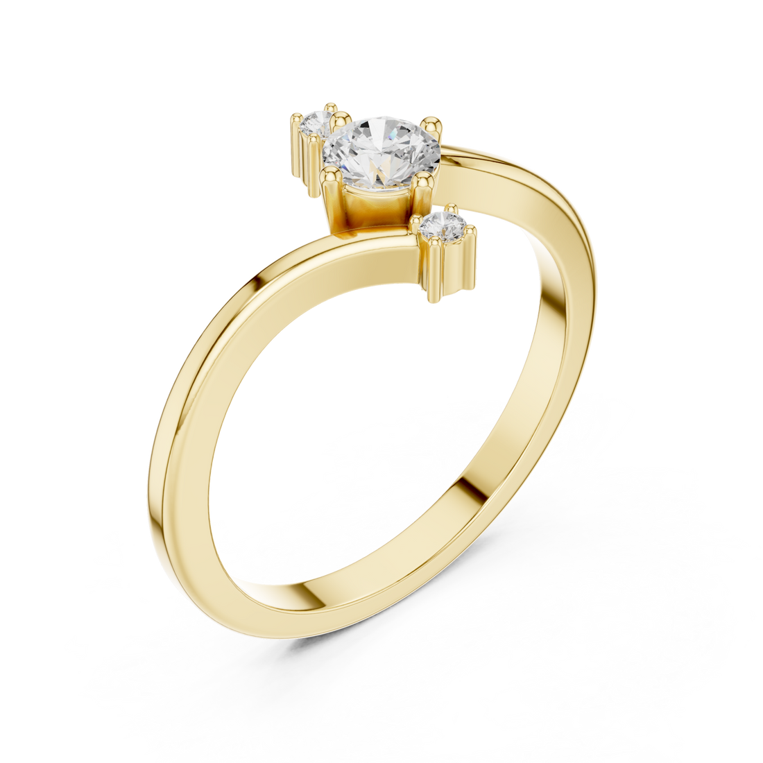 Round diamond three-stone bypass ring yellow gold front view