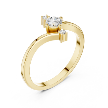 Round diamond three-stone bypass ring yellow gold front view