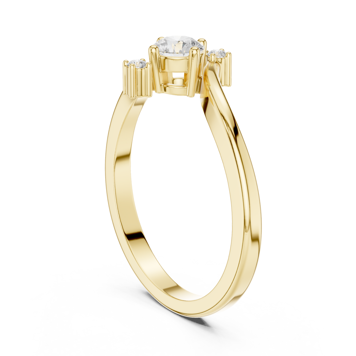 Round diamond three-stone bypass ring yellow gold side view