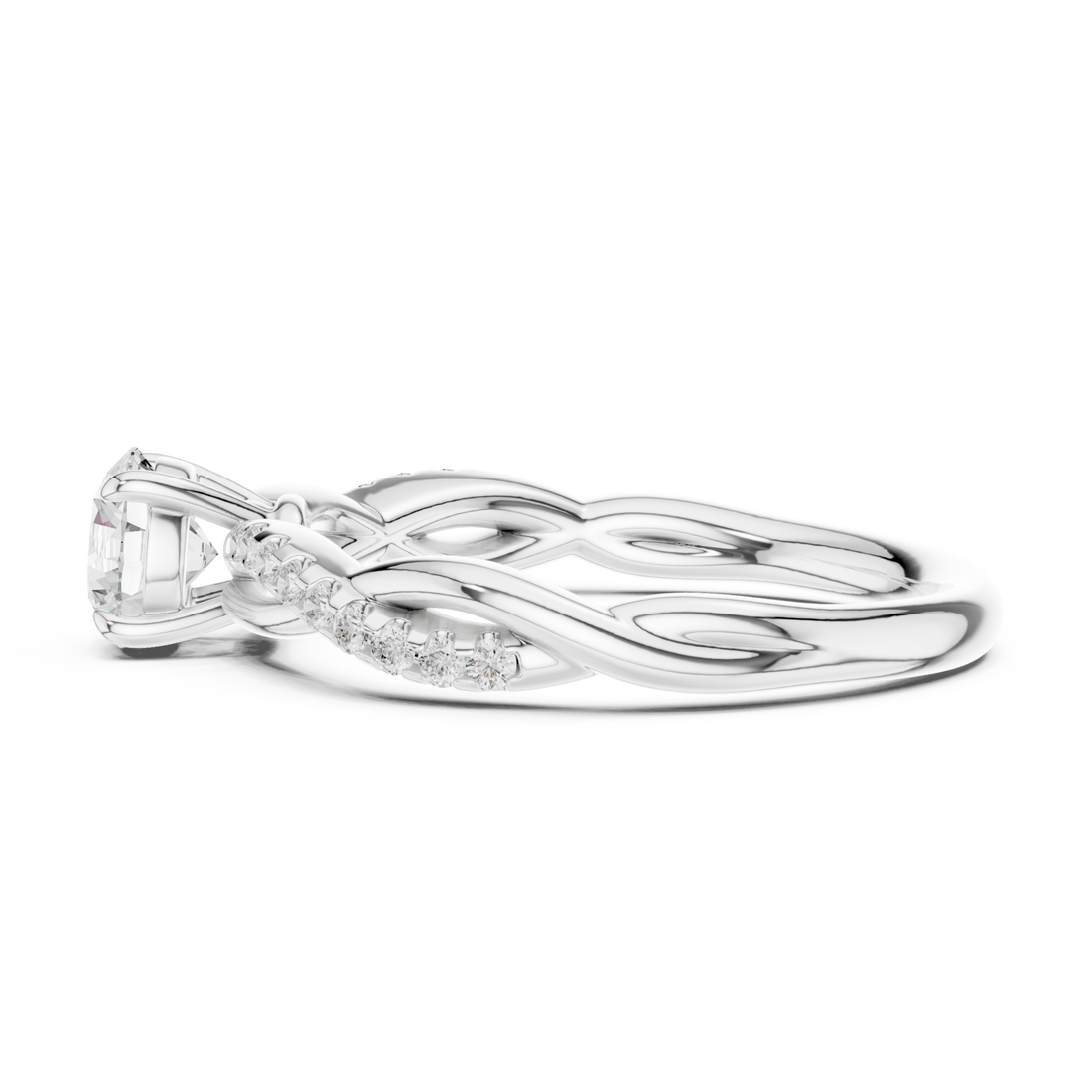 Round diamond twisted vine engagement ring white gold front view