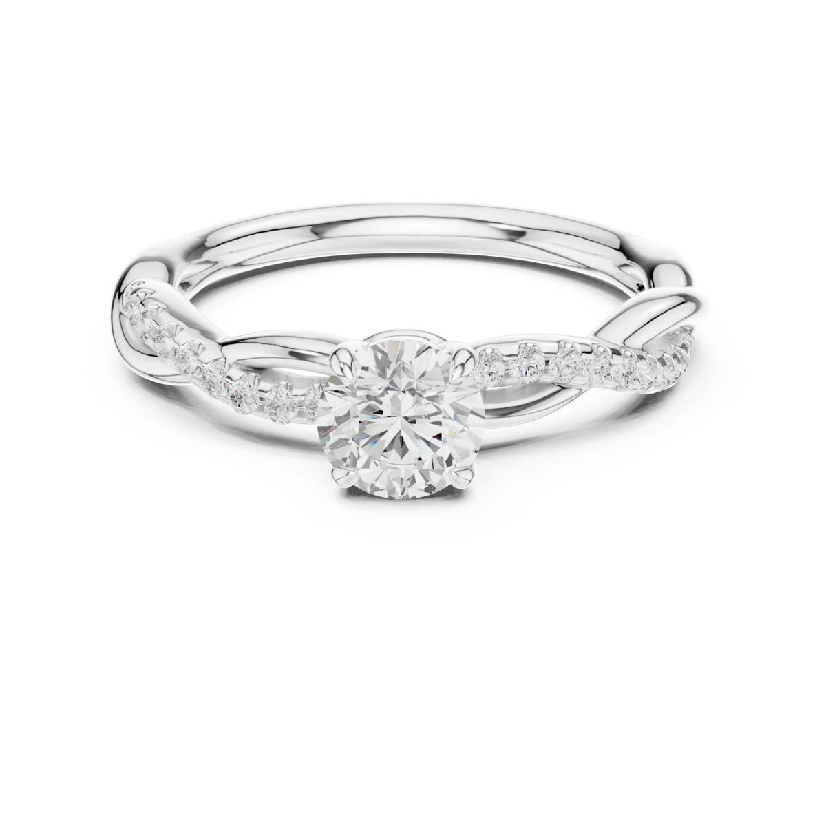 Round diamond twisted vine engagement ring white gold detail view