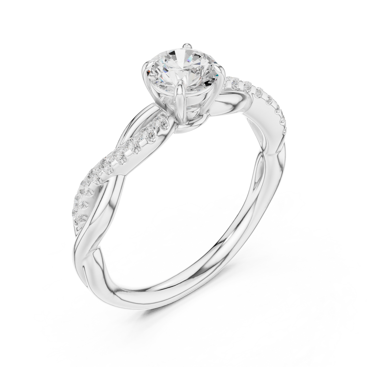Round diamond twisted vine engagement ring white gold front view