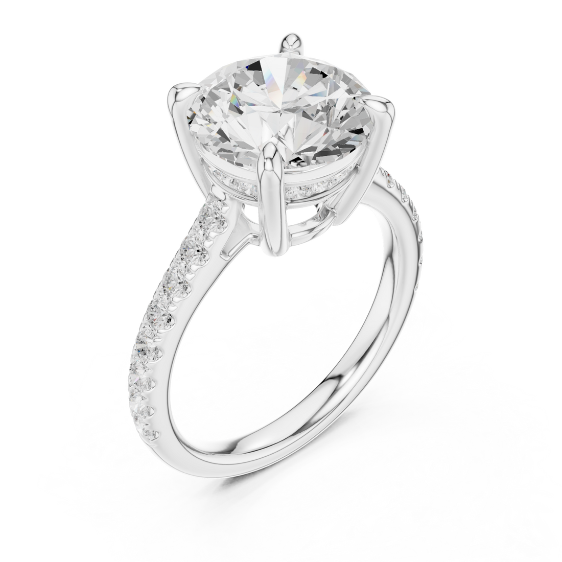 Round double-prong pave engagement ring white gold front view