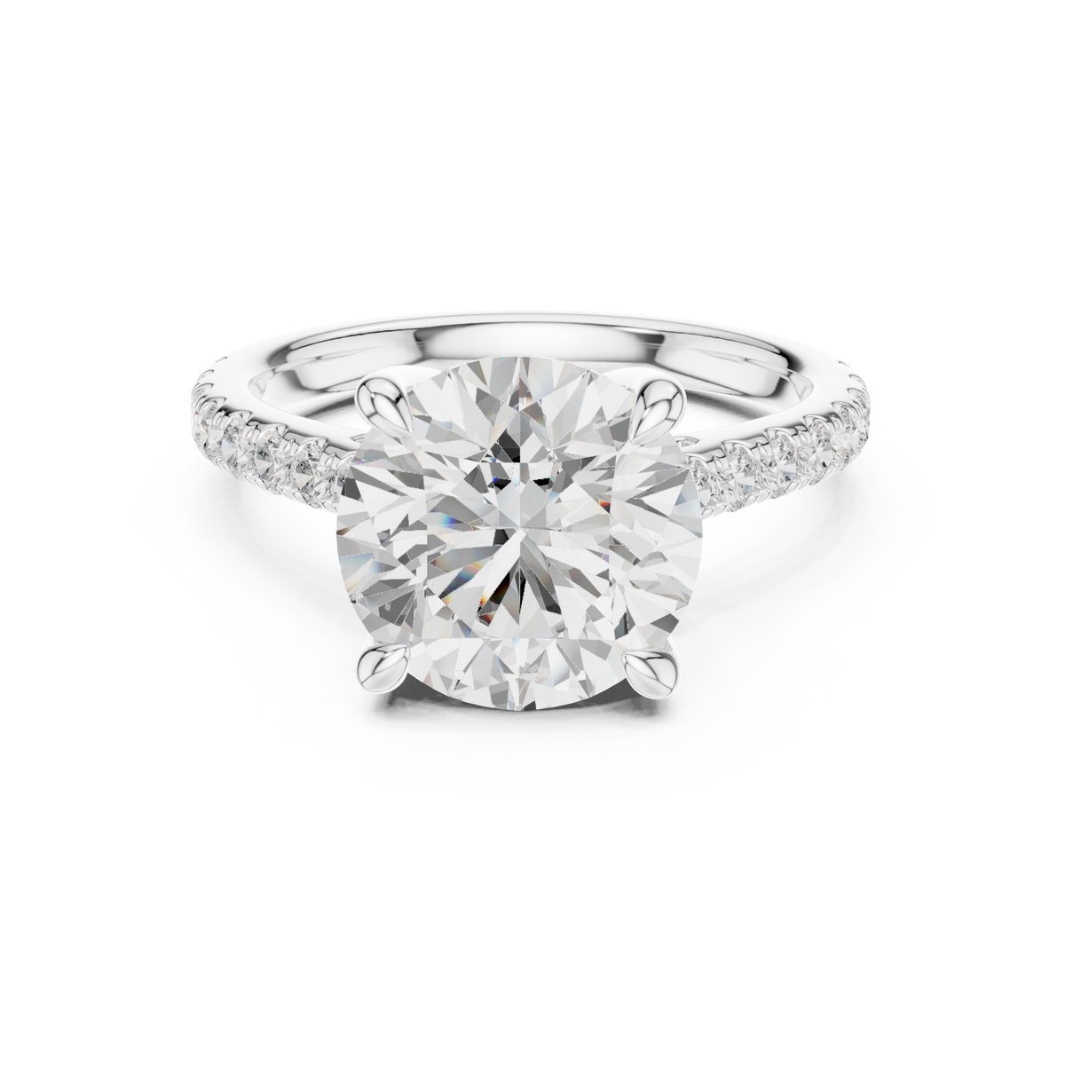 Round double-prong pave engagement ring white gold detail view