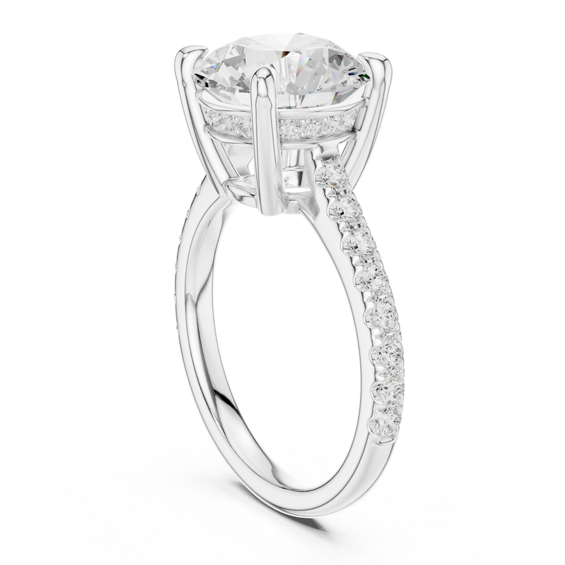 Round double-prong pave engagement ring white gold front view