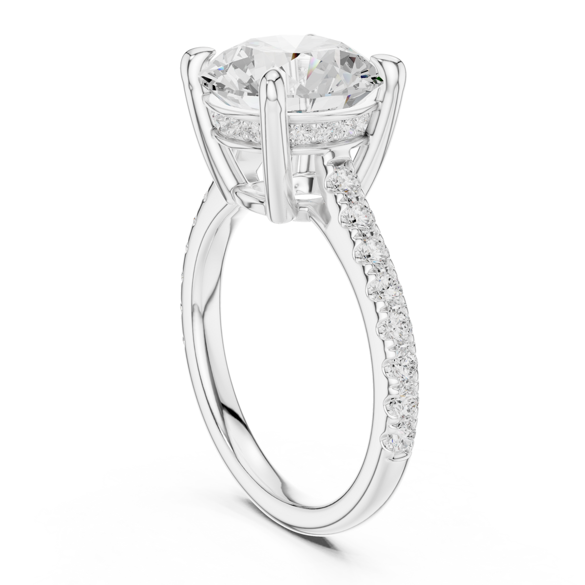 Round double-prong pave engagement ring white gold front view